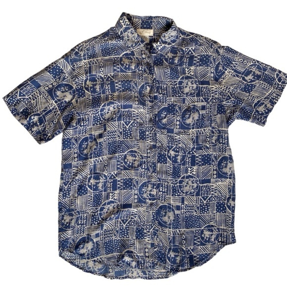 K Arnold 100% Silk Womens Blouse Size M Blue Batik Button Up Boho Indie Preppy